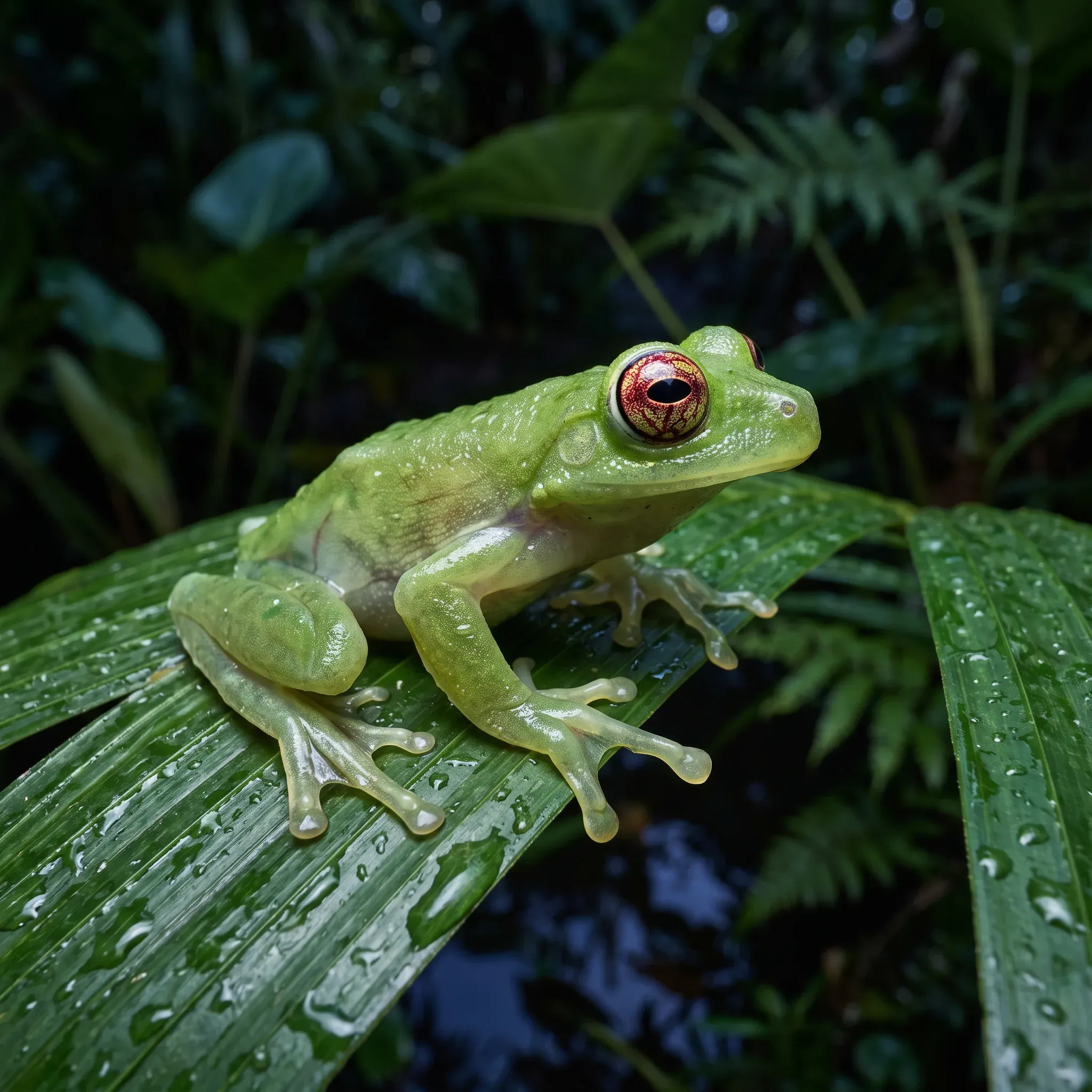 A close-up photograph of a vibrant green translucent tree frog perched on a wide, ribbed tropical leaf dotted with fresh raindrops. The frog features striking reddish reticulated eyes and slender, semi-transparent toes with suction pads grasping the leaf surface. In the soft-focus background, dense dark green rainforest foliage and subtle reflections enhance the rich jungle ambiance.